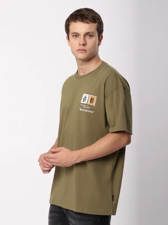 Dark Tan Stamps Printed Oversized T-Shirt